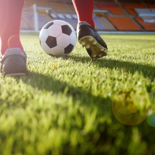 soccer or football player standing with ball on the field for Kick the soccer ball at football stadium